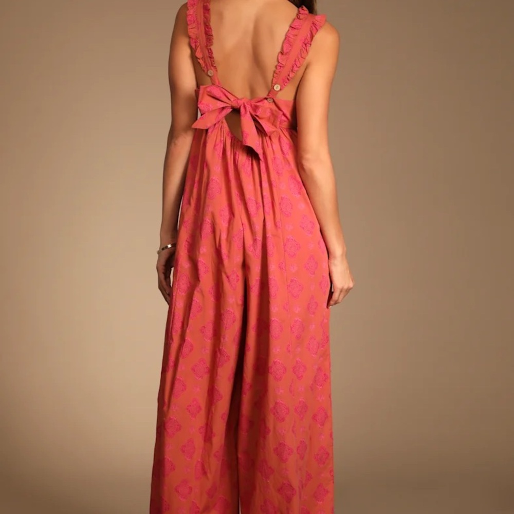 Free People Katya Rusty Rose Print Ruffled Tie Back Jumpsuit Size Small - Picture 4 of 9